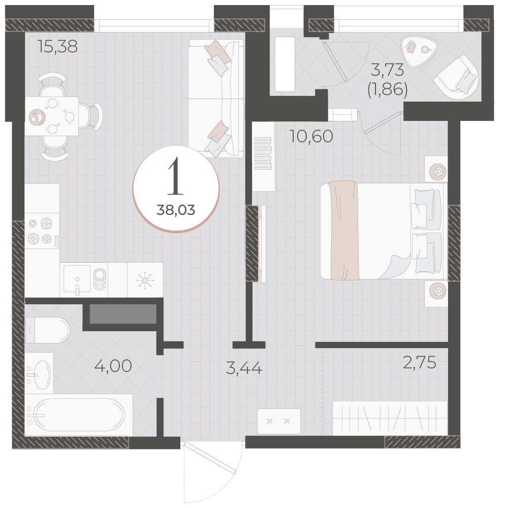 Пример планировки: однокомнатная, 38,03 м²