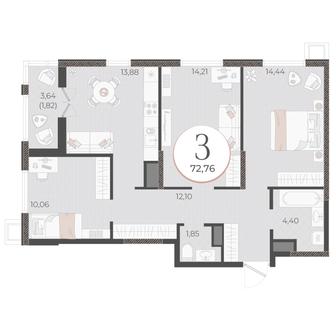 Пример планировки: трёхкомнатная, 72,76 м²