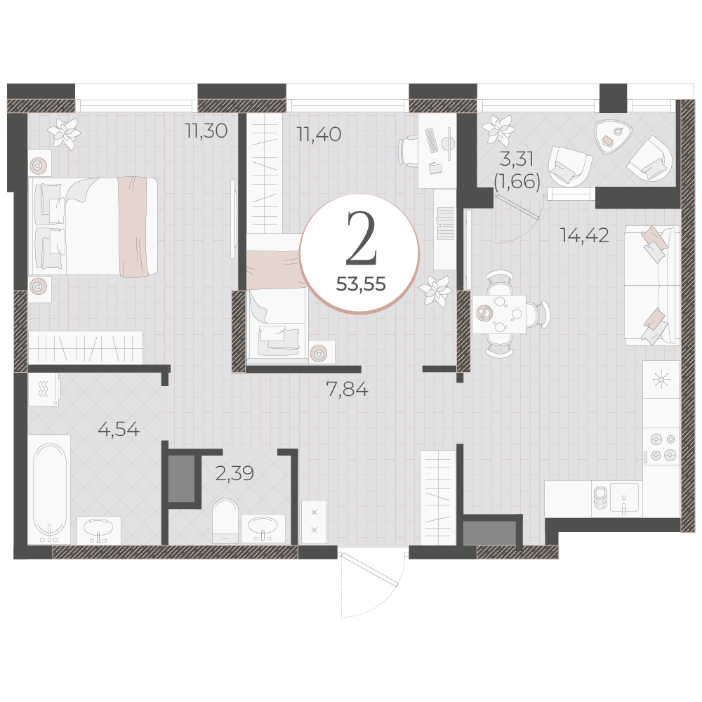 Пример планировки: двухкомнатная, 53,55 м²